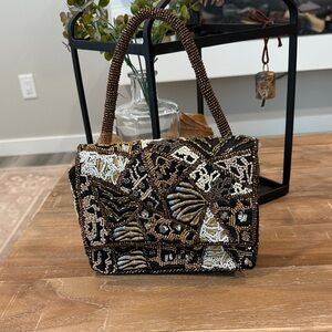 NWT Elegant Beaded Handbag - Black and Brown with chain strap